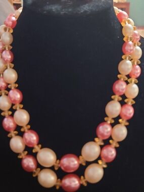 VTG Pink and Cream Double-Strand Pearl Necklace and earring with Gold Accents